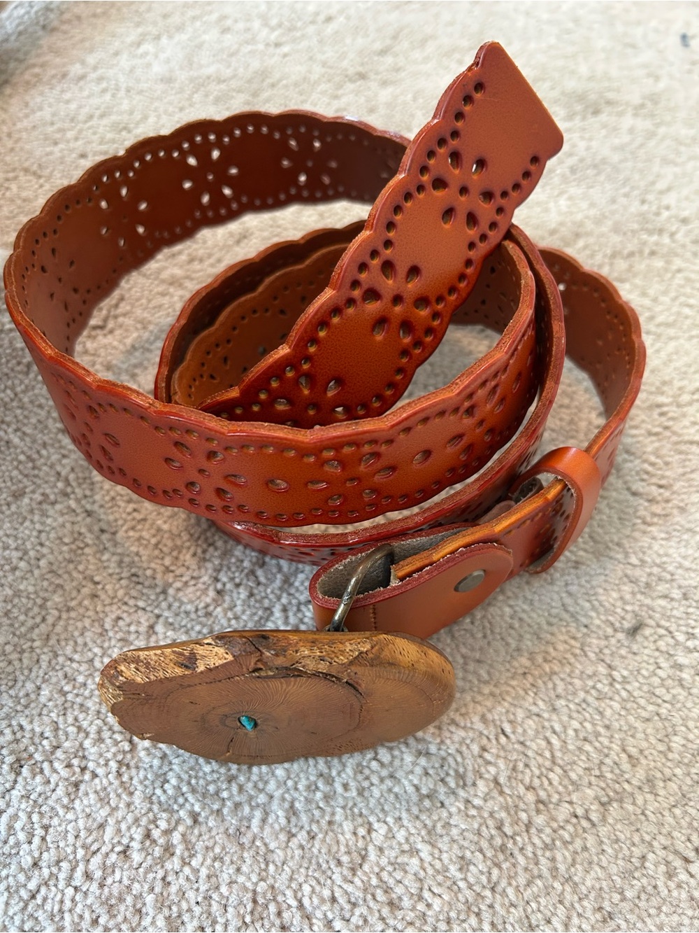 Western brown belt with wood buckle with turquoise XL
